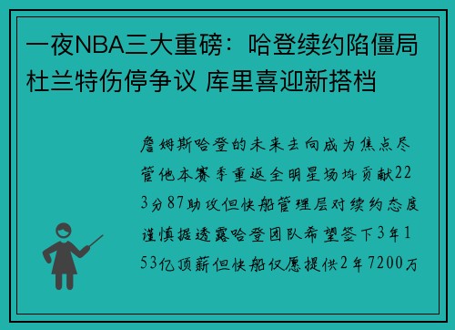 一夜NBA三大重磅：哈登续约陷僵局 杜兰特伤停争议 库里喜迎新搭档