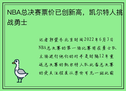 NBA总决赛票价已创新高，凯尔特人挑战勇士
