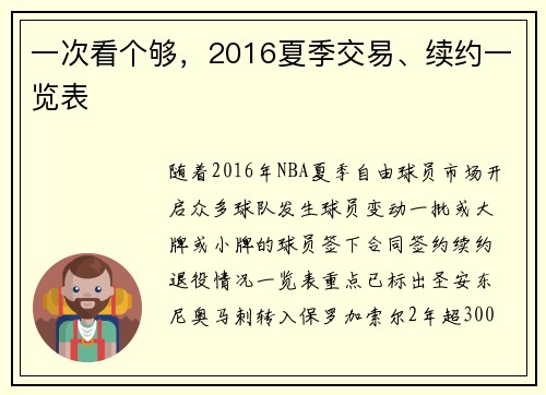 一次看个够，2016夏季交易、续约一览表